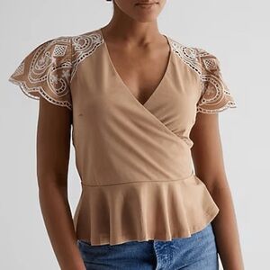 NWT Express Embroidered Eyelet Flutter Sleeve Peplum Top V-Neck in Pecan Tan M